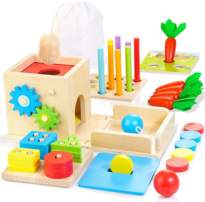 Photo 1 of Wooden Montessori Baby Toys, 8-in-1 Wooden Play Kit Includes Object Permanent Box, Coin Box, Carrot Harvest, Shape Sorting & Stacking - Christmas Birthday Gift for Boys Girls Toddlers