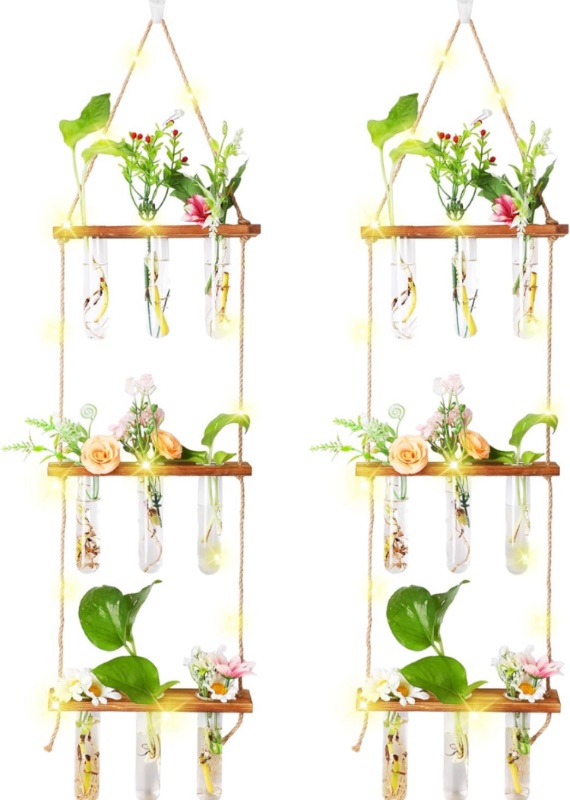 Photo 1 of 2 Pcs 3 Tier Propagation Stations Propagation Tubes Wall Planter Test Tubes for Plants Wall Hanging Terrarium with Wooden Stand for Hydroponic Plant Cutting Flower Garden Decor (Vintage Color)