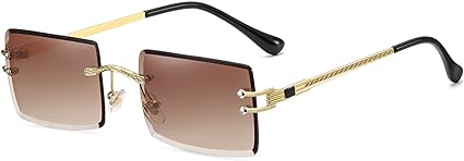 Photo 1 of AIEYEZO Rimless Rectangle Sunglasses Women Men Modern Crystal Diamond Sun Glasses Vintage Fashion Frameless Tinted Shades (Gold/Brown Gradient)