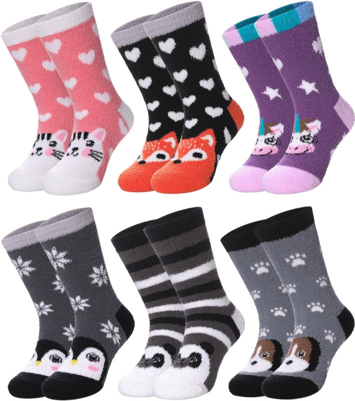 Photo 1 of 6 Pairs Childrens Boys Girls Non Slip Fuzzy Slipper Socks Kids Anti-Slip Grips Cozy Fluffy Winter Warm Hospital Socks 6 Pairs Animal 8-12 Years