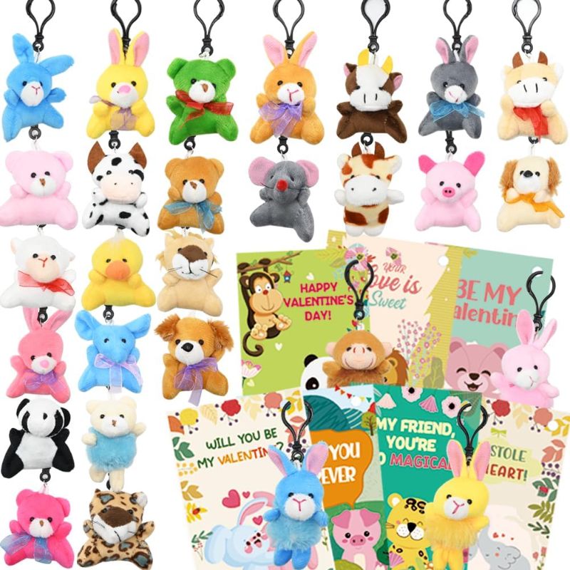 Photo 1 of 28PCS Valentine's Day Mini Plush Animals Toys, Small Stuffed Animal Keychain Cards for Valentine's Classroom Gift Exchange, Valentines Party Favors