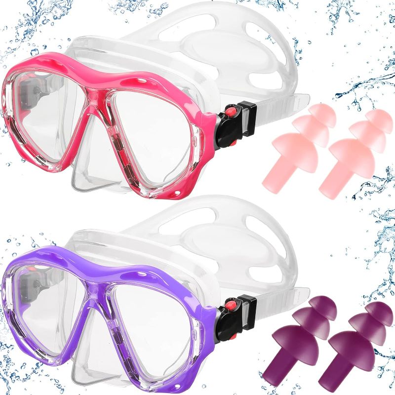 Photo 1 of 2 Pcs Unisex Swim Goggles for Adults Snorkel Diving Mask with Nose Cover Silicone Adults Swim Mask Swimming Snorkel Goggles Glasses with 2 Pair Earplugs (Pink, Purple)