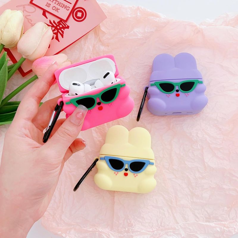 Photo 2 of ?3 Pack? 3D Cute Cool Sunglasses Rabbit Case for Airpod Pro 2nd,3D Cute Airpod Pro Case for Kids Boys Girls Teens Women,Fashion Gift Kawaii Sunglasses Rabbit Soft Silicone Case for Airpod Pro 2nd 2022