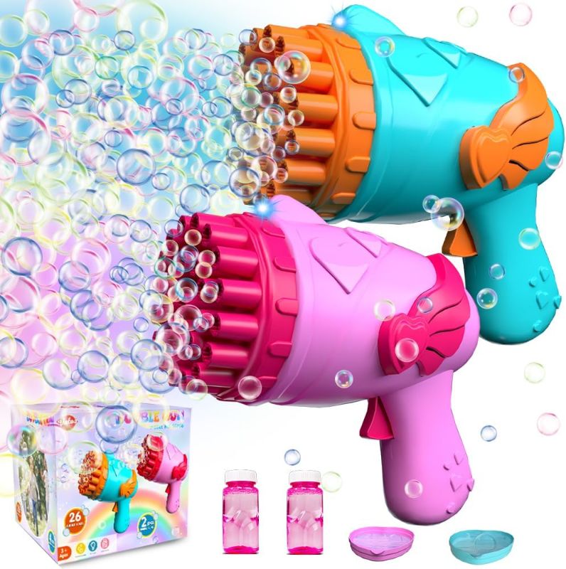 Photo 1 of 2 Packs Bubble Machine Gun for Kids, Bubble Gun with Lights/Bubble Solution,26 Holes Bubbles Maker for Adults Kids | Summer Toy Gift for Outdoor Indoor Birthday Wedding Party