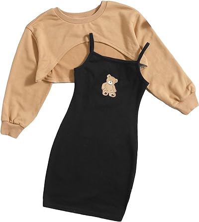 Photo 1 of  Girls' 2 Piece Outfits Long Sleeve Cropped Top with Cartoon Bear Print Cami Bodycon Dress Set Size 11 years old 