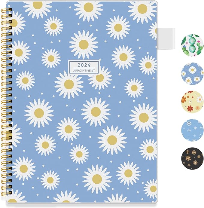 Photo 1 of Appointment Book 2024 Weekly & Monthly Planner 8.5"x11", Large Schedule Planner 2024 Daily Hourly Planner Appointment with Spiral Bound, 15 Minute Increments, Tabs, Pocket, Blue Daisy