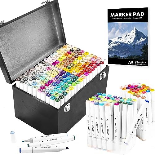 Photo 1 of KINSPORY 160PC Alcohol Markers, Deluxe Wooden Case, White Double-Head Coloring Drawing Art Marker Pens, Gift for Artists Adult Kids - Black