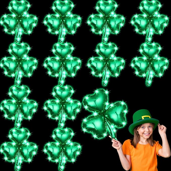 Photo 1 of 12 Sets St Patrick's Day Shamrock Balloons with LED Irish String Lights Foil Balloons Green Three Leaf Clover Balloons Irish Saint Patricks Day Decorations for Home Festival Birthday Party