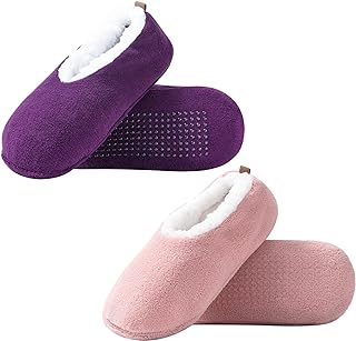 Photo 1 of 2 Pairs of Soft Sole Slipper Socks for Women with Grippers Non Slip, Winter Warm Cozy House Bedroom Slippers, Ladies Fuzzy Indoor Home Slippers (Purple,Pink,Grey)