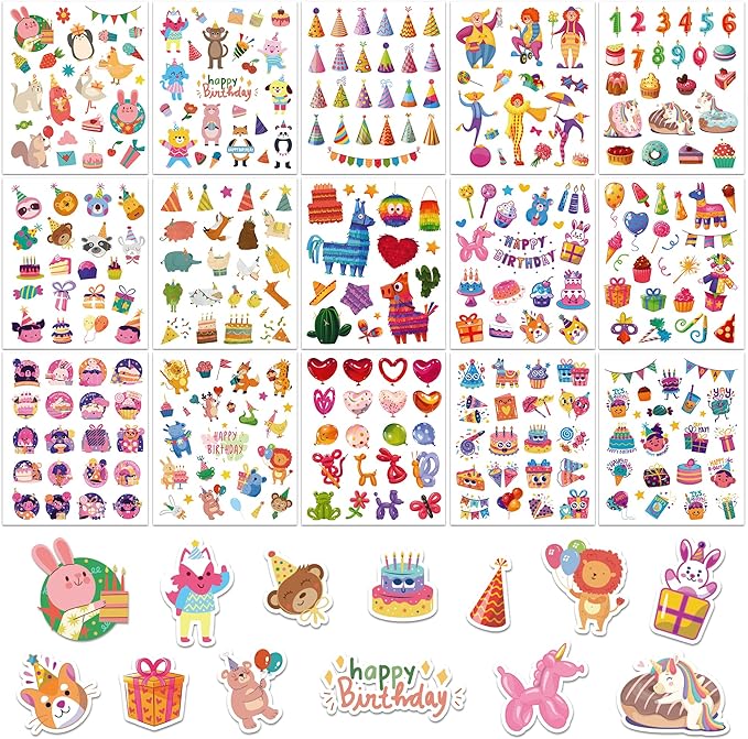 Photo 1 of Glittery Birthday Stkers for Kids - 300+PCS Stickers, 15 Different Sheets of Party Themed Stickers, Animal, Unicorn, Balloon, Pinata, and More Funny Stickers, Gift for Toddlers Boys and Girls.