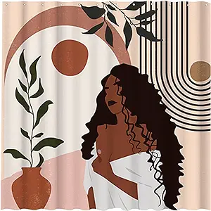 Photo 1 of Funnytree Chic Face Women Abstract Shower Curtain Set with Hooks African American Leaves Plant Aesthetic Terracotta Simple Minimalist Modern Bathroom Bathtubs Decor Washable Durable Fabric 72" X 72"