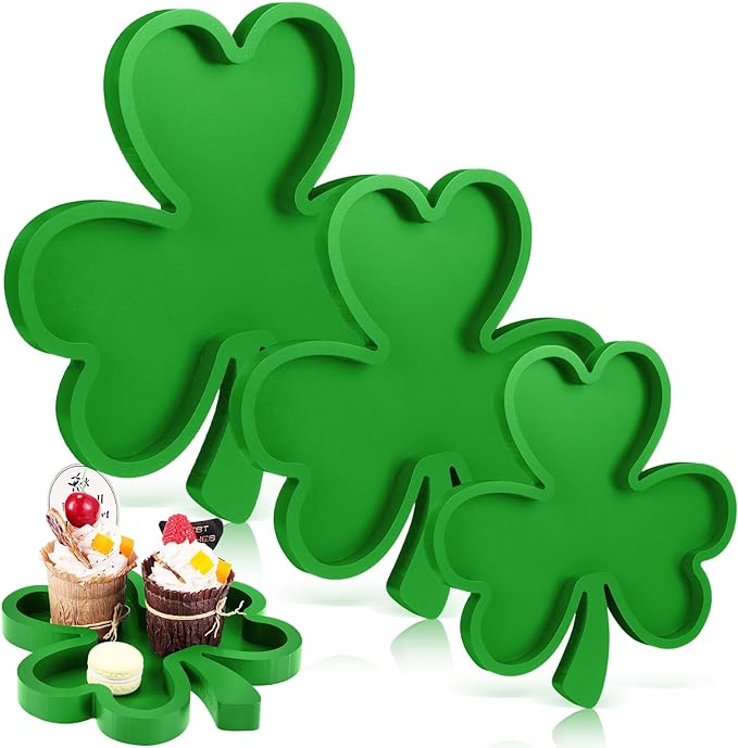 Photo 1 of Hushee 3 Pcs St Patricks Day Wooden Serving Tray Plate Dish Clover Shaped Plates Shamrock Wood Serving Platters and Trays for St Patricks Day Table Decorations Home Office Food Display, 3 Sizes 
