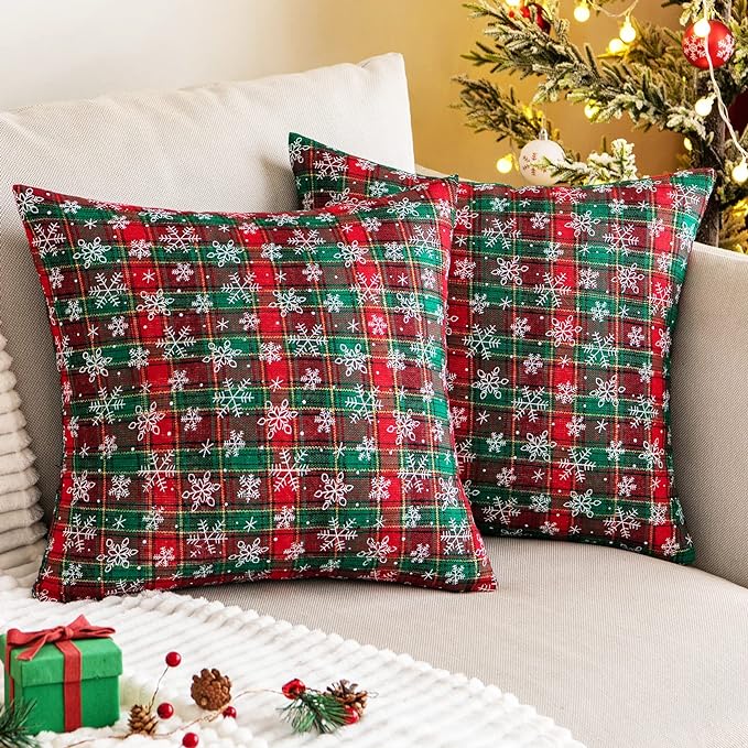 Photo 1 of AQOTHES Pack of 2 Christmas Plaid Decorative Throw Pillow Covers Snowflake Tartan Scottish Cushion Cover for Sofa Couch Farmhouse Holiday Decor Red and Green, 18x18 Inch