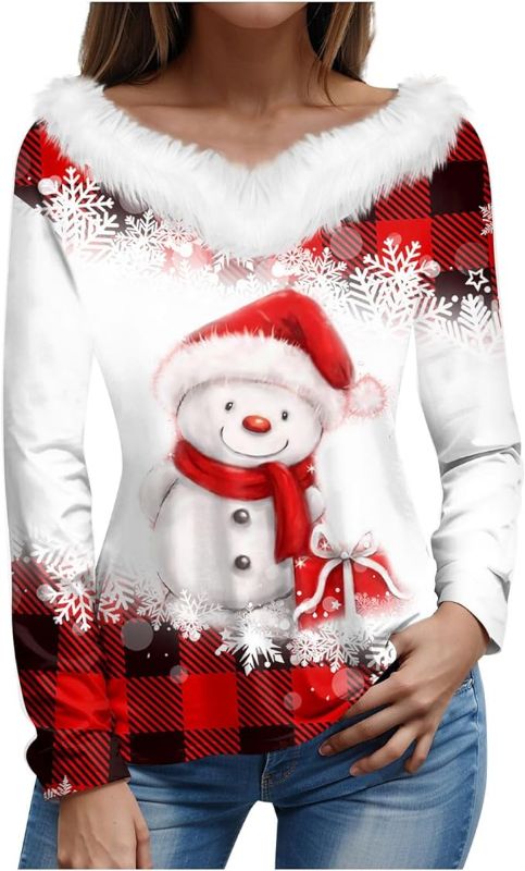 Photo 1 of Christmas Shirts Women's Tee Shirt Long Sleeve Christmas Print Plush V Neck T Shirt Top
