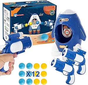 Photo 1 of Limited-time deal: Dekukar Shooting Game Toy Set for Age 3 4 5 6 7 8 9 10 Years Old Kids, Boys, Girls - 2pcs Mini Space Guns & Target, 12 Foam Balls - Ideal Gift Toys for 3 to 10 Kids, Blue 