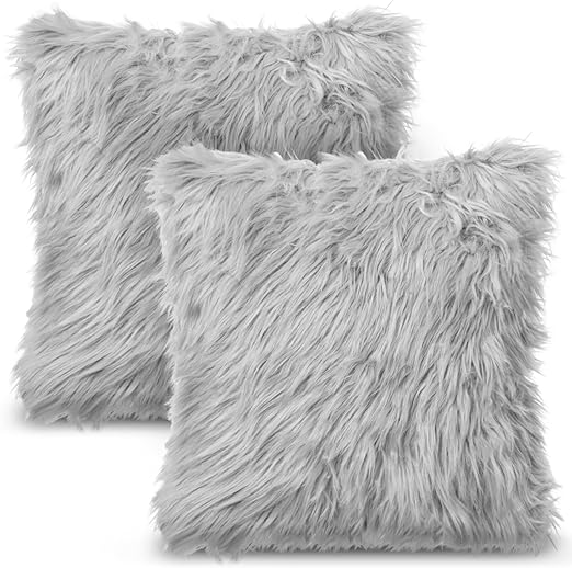 Photo 1 of Luxury Grey Ultra Soft Fluffy Decorative Throw Pillow Covers, 18"x 18" - Modern Stylish Merino Style Faux Fur Pillow Cases for Couch Cushion Bed, Home Decor, Set of 2

