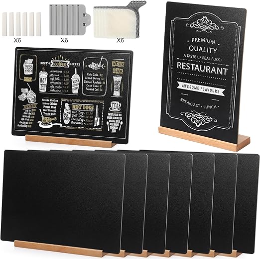 Photo 1 of 6 Pack 8.7 x 11.8 Inch Tabletop Chalkboard Sign with Wood Base, Clips, Chalk and Dry Rug, Small Chalkboard Sign Mini Chalk Board with Stand Erasable Message Board Double Sided Menu Chalkboard
