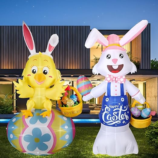 Photo 1 of 2 Pcs 6 ft Tall Inflatables Easter Decorations LED Lighted Blow up Yard Decorations Bunny Chicken Holding Easter Rabbit Eggs Basket for Outdoor Holiday Yard Garden Sign Decor
