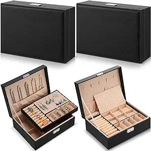 Photo 1 of 4 Pcs PU Leather Jewelry Box Organizer Case for Women Girls 2 Layer Lockable Storage Tray Flannel Lining Display Holder Jewelry Drawer Showcase For Necklace Ring Earring Bracelets Gift(Black)