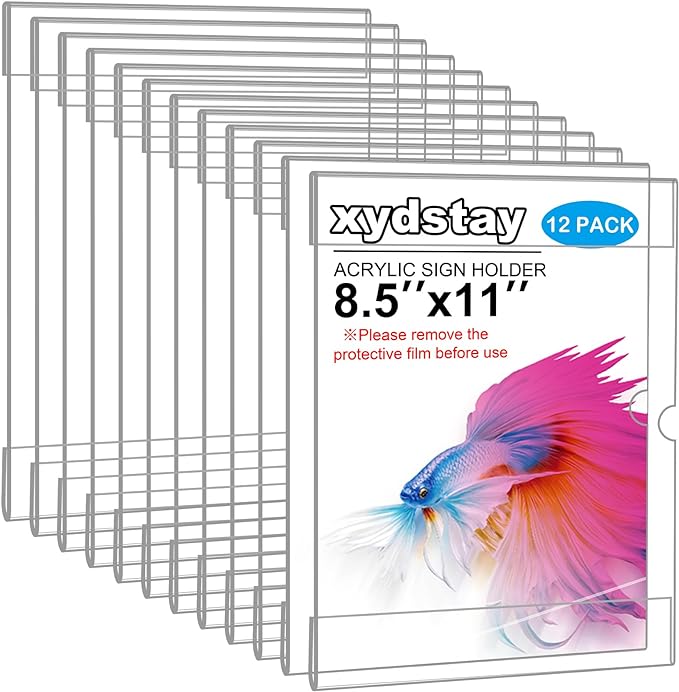 Photo 1 of xydstay 12pack 8.5 X 11 Wall Mount Acrylic Sign Holder with Tape, Clear Plastic Menu Holder, Unbreakable Table Sign Holder for Office, Restaurant, Store, School and Home Use with Notch 