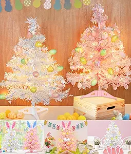 Photo 1 of 2 Pack Lighted Easter Egg Tree Tabletop Decor with 24 Easter Colorful Eggs Ornaments, Easter Bunny Tree, Battery Operated Artificial Tabletop Tree for Indoor Outdoor Spring Decorations Home Party 