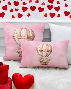 Photo 1 of 12''x20'' Valentine's Day Pillow Cover - 'Love' Hot Air Balloon & Floral Watercolor Design - Romantic Pink Cushion Case for Home Decor, Sofa, Couch - Ideal for Anniversaries & Valentine's Celebrations