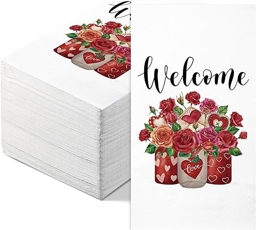 Photo 1 of 100 Pcs Wedding Guest Napkins Paper Hand Towels for Bathroom Disposable Dinner Napkins Bulk Heart Decorative Napkins for Restaurant Home Valentine's Day Party Supplies(Rose)
