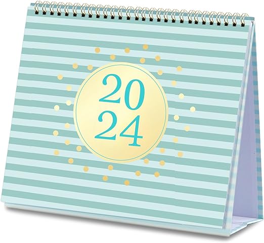 Photo 1 of 2024 Desk Calendar - Jan. 2024 - Dec. 2024, Desk Calendar 2024 Standing Flip, 9.8" x 8.3", 2024 Desktop Calendar with Thick Paper, Memo Pages + Twin-Wire Binding + Unruled Blocks - Green Pinstripe
