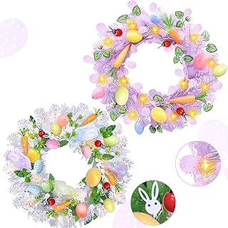Photo 1 of 2 Pcs Easter Bunny Spring Wreath Decorations with 20 LED Lights Easter Door Wreath with Colorful Eggs Hanging Bunny Wreaths for Front Door Easter Door Hanger for Spring Outdoor Wall Home Decoration