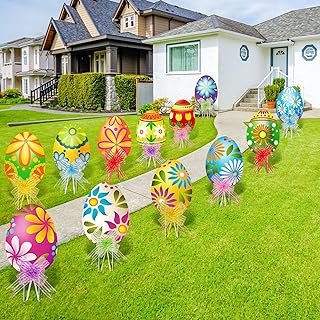 Photo 1 of 12 Pieces Easter Outdoor Yard Decorations Signs Eggs Corrugated Yard Decorations with Stakes and Easter Yard Decorations Eggs Garden Sign Waterproof Lawn Signs for Pathway Walkway(Cute Pattern)