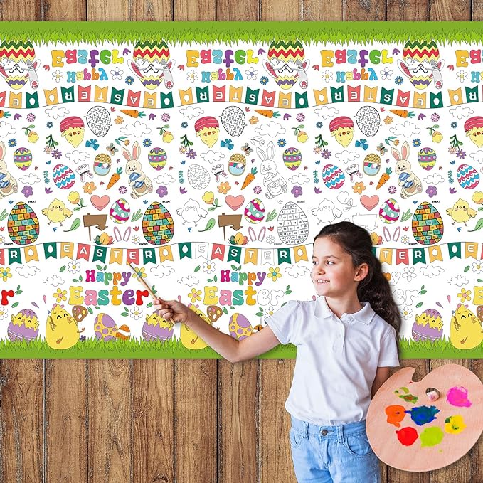 Photo 1 of 1PC Easter Giant Coloring Poster/Tablecloth - Bunny Egg Chick Crafts for Kids - 108 x 54 Inches Jumbo Paper Coloring Table cover Kids Gifts Activities Toys Party Classroom Easter Spring Decorations 