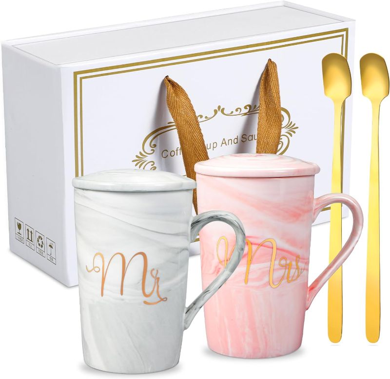 Photo 1 of Dandat 2 Pieces Mr and Mrs Coffee Couple Mugs Set 13.9 oz Wedding Gifts for Couple Bridal Shower Gift Wedding Anniversary Presents with Spoons and Gift Box for Engagement (Pink, Gray Marble Print)