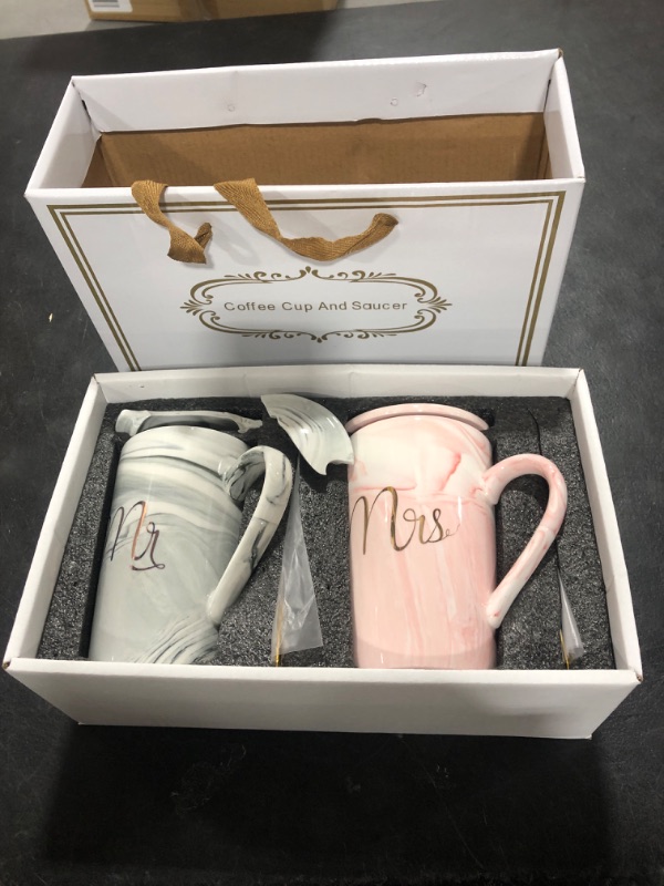 Photo 2 of Dandat 2 Pieces Mr and Mrs Coffee Couple Mugs Set 13.9 oz Wedding Gifts for Couple Bridal Shower Gift Wedding Anniversary Presents with Spoons and Gift Box for Engagement (Pink, Gray Marble Print)