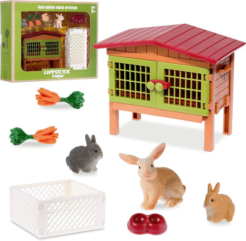 Photo 1 of 11 Pieces Farm World Set Easter Bunny Hutch Bunny Toy Animal Figures Barnyard Carrot Bunny Hutch Farmhouse Country Toys for Kids Ages 3 to 8 or up Playset Learning Educational Toys Birthday Gift 
