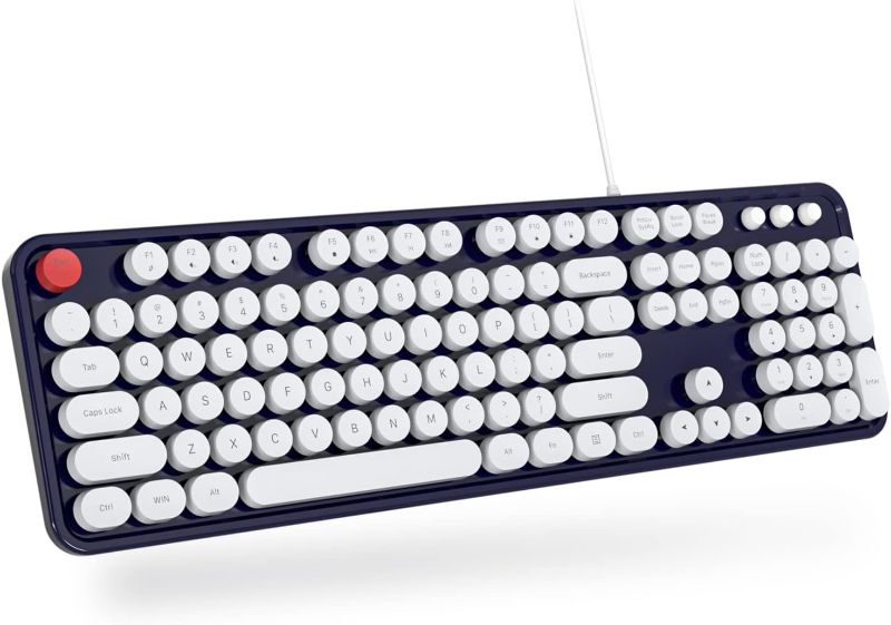 Photo 1 of Dilter Wired Keyboard, 104 Keys Full-Sized Typewriter Keyboards, USB Plug and Play Office Keyboard with Number Pad, Caps Indicators, Foldable Stands for Windows, PC, Laptop, Desktop (Dark Blue)