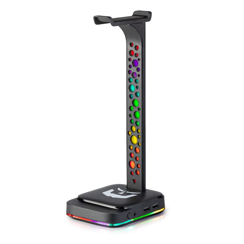 Photo 1 of Gamer Dungeon RGB Gaming Headphone Stand- Sleek Design, 9 Vibrant Colors, Dual USB Charging, Integrated Audio Jack