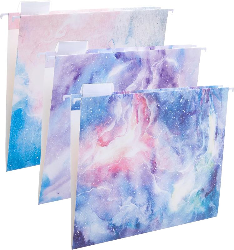 Photo 1 of Y YOMA 6 Pack Decorative Hanging File Folders Letter Size Marble Cute Hanging Folder Pretty File Folder Organizer for Filing Cabinet Office Home with 1/5-Cut Adjustable Tabs, 3 Pink Nebula Design
