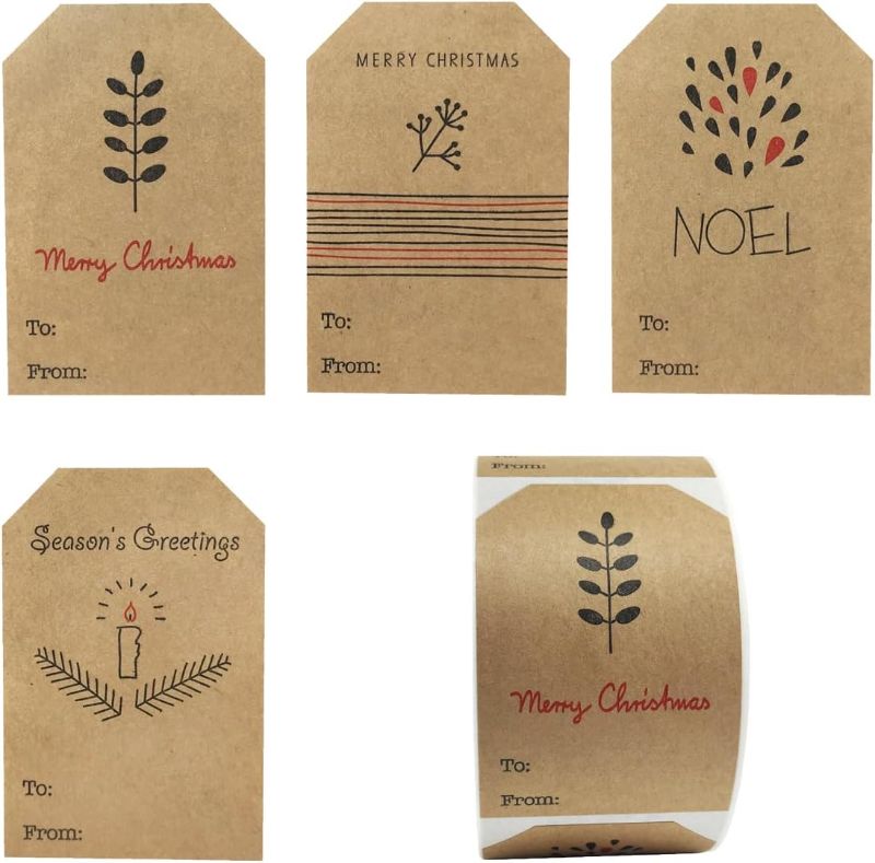 Photo 1 of Natural Kraft Simple Christmas Gift Tags Holiday Present Stickers 2 x 3 Inch 100 Total Adhesive Labels