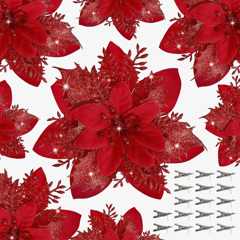 Photo 1 of 14 PCS Poinsettia Flower Artificial Poinsettia with Clips Christmas Decor Glitter Poinsettia Christmas Ornaments Christmas Tree Flower Decorations with Stems DIY Xmas Wreath Holiday Home Party Decor
