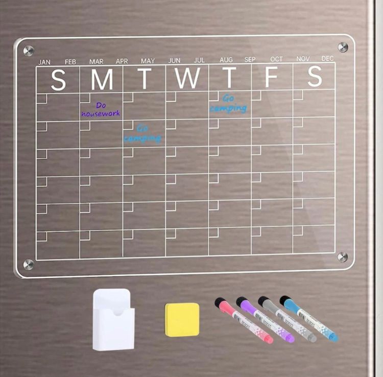 Photo 1 of Acrylic Magnetic Calendar for Fridge, Dry Erase Calendar for Fridge Magnetic, 16"x12" Reusable Clear Refrigerator Calendar, Monthly Planning Boards for Refrigerator with 4 Colors Markers