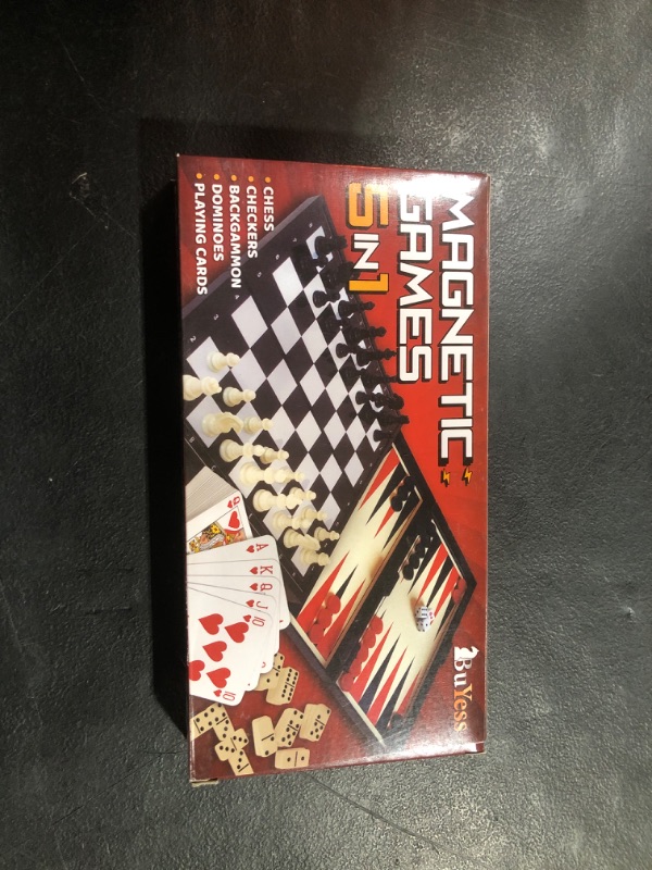 Photo 2 of 5 in 1 Mini Magnetic Chess Checkers Dominoes Backgammon and Cards Set, Small Travel Size Board Games