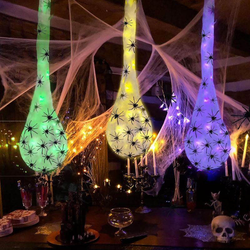 Photo 1 of 3 Pack Large Halloween Spider Outdoor Decorations - 41” Big LED Light up Hanging Spider Egg Sack Decoration for Indoor Outdoor Halloween Decor Supplies