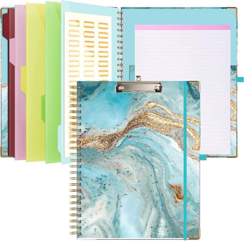 Photo 1 of Hiyong Clipboard Folio with Refillable Notepad, Cute Clipboard 5 Dividers with 10 Pockets, Spiral Clipboard Folder with Pen Loop for School, Office and Nursing(Blue-Gold)
