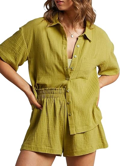 Photo 1 of Arssm 2 Piece Casual Sets for Women Button Down Shirt Top Paper Bag Shorts Cotton Linen Outfit Sets XL