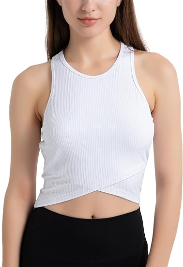 Photo 1 of Aeuui Workout Crop Tops for Women Cropped Ribbed Tank Tops Sleeveless Cross Hem Yoga Athletic Running Shirts