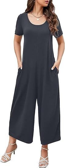 Photo 1 of Btaiuo Womens Summer Fashion Short Sleeve Crewneck Jumpsuit Loose Casual Romper Long Pants with Pockets
