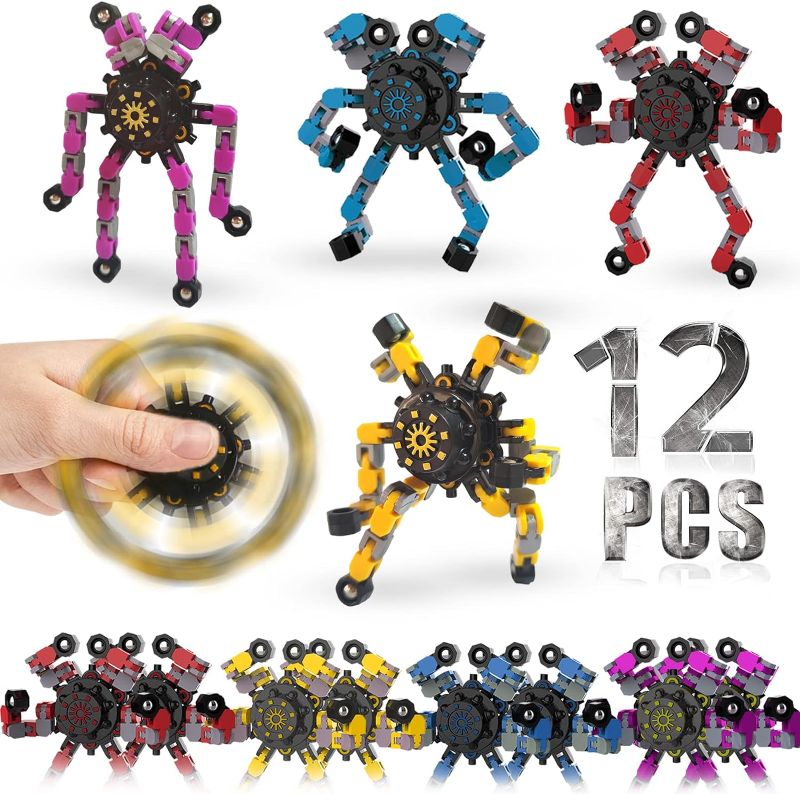 Photo 1 of 12 Pack Funny Sensory Fidget Toys,Deformable Chain DIY Robot Spinners Fingertip Stress Relief Gyro Toy Birthday Gifts Goodie Bag Easter Basket Stuffers Classroom Prizes Party Favors for Kids Adults