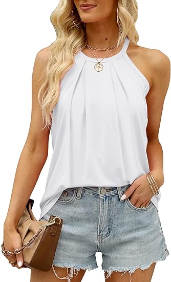 Photo 1 of Eachyes Womens Halter Tops Summer Sleeveless Flowy Loose Fit Pleated Tank Top and Blouses SMALL