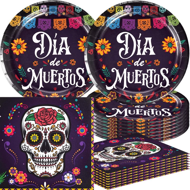 Photo 1 of Frerand 48Pack Dia de Muertos Decorations Party Supplies include 24 plates, 24 napkins for the Day Of Death Decorations party Decoration