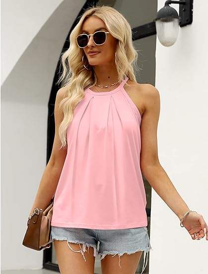 Photo 1 of Eachyes Womens Halter Tops Summer Sleeveless Flowy Loose Fit Pleated Tank Top and Blouses XL